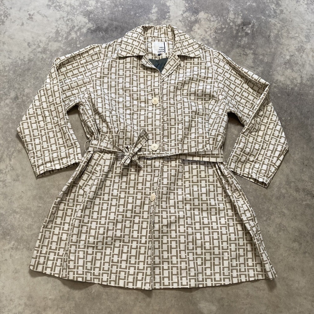 Pret Pour Partir Womens Trench Coat 40F 8 Tan Ivory Belted Geo Print Jacket